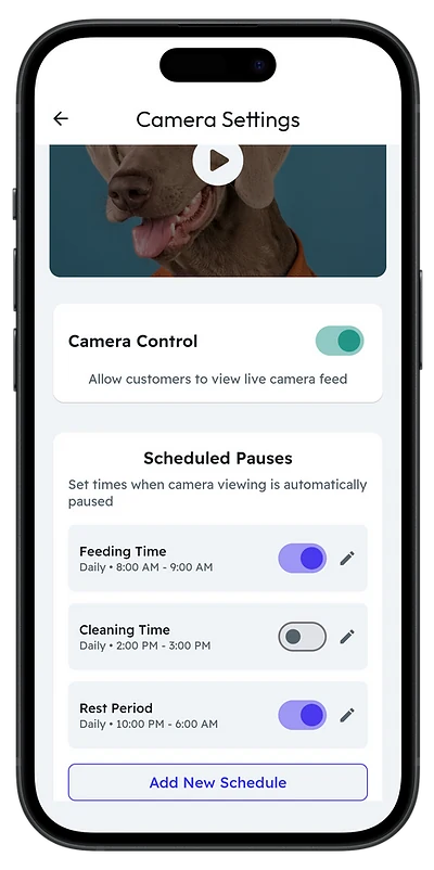 Woof Watch camera settings showing customer viewing controls and scheduled pauses