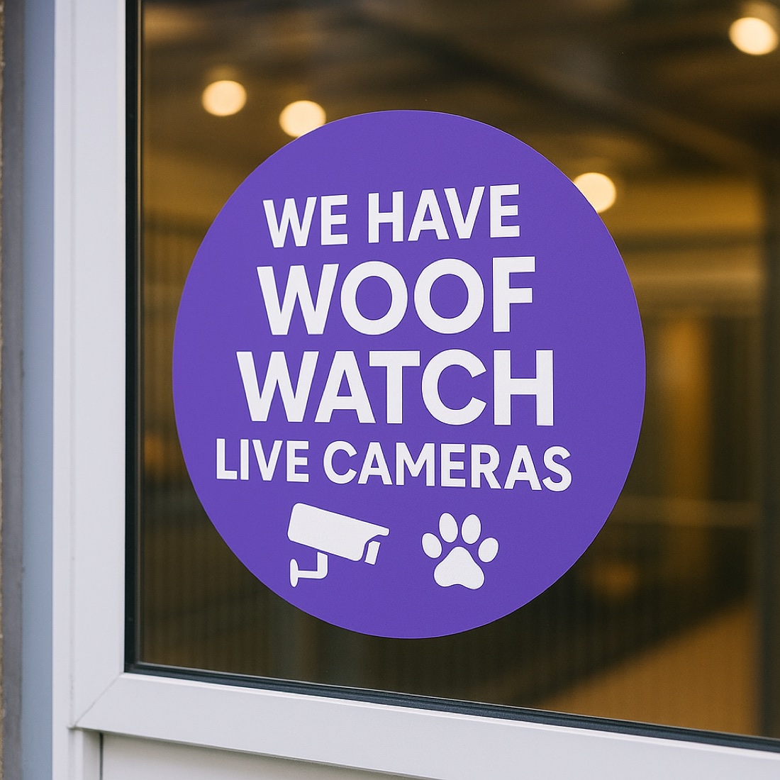 Woof Watch live cameras sticker displayed at a kennel