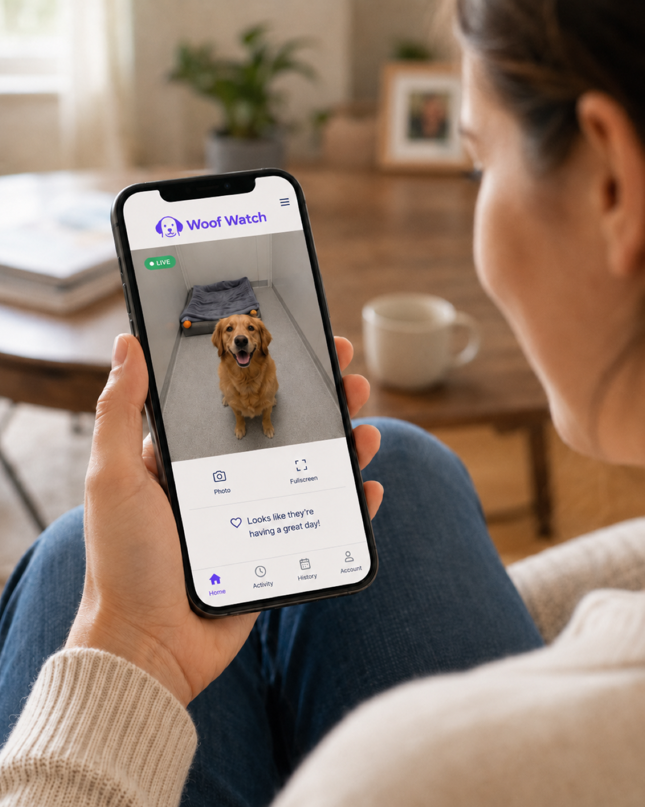 Pet owner viewing their dog through Woof Watch on a phone